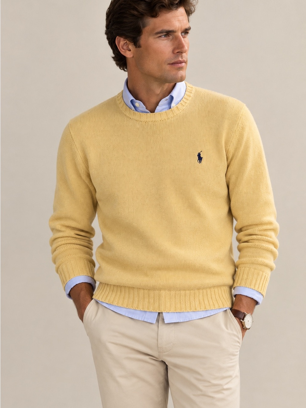 Ralph Lauren Men's Pale Yellow Crewneck Cotton Sweater